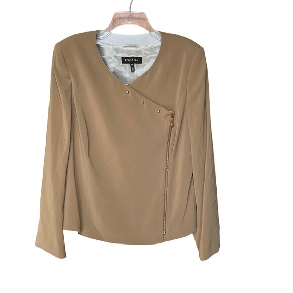 Escada Womens Solid Brown Asymmetric Gold Zipper Blazer Jacket Size 46 XL READ - Picture 1 of 8